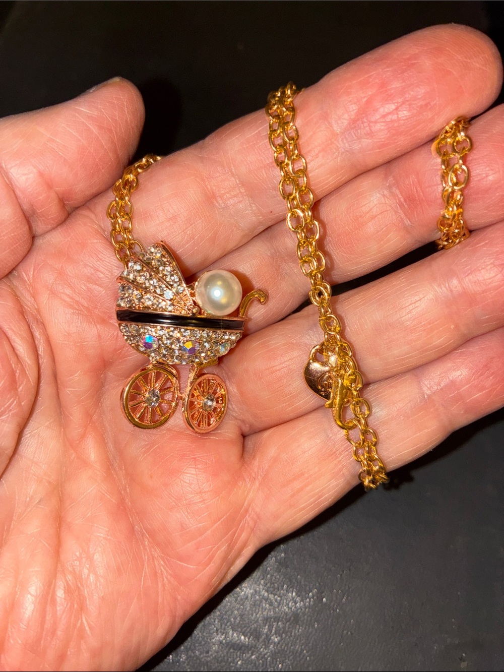 Gold-tone Baby Carriage Pendant Necklace with Pearl Accent